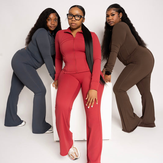 PLUS SIZE Snatched-Fit Jacket & Flare-Bottom Pants Set